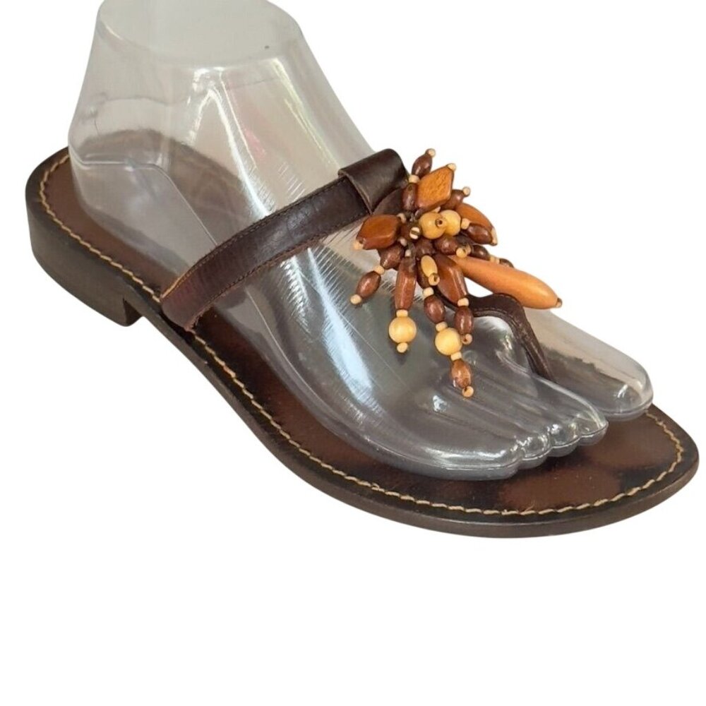 OSCAR De LaRENTA Women's Brown Leather Beaded Sandals Thongs Italy Size 39.5 - Picture 1 of 10